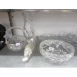 HEAVY CUT GLASS BALUSTER VASE WITH WAVY SERRATED TOP, 10 ¾? (27.3cm) HIGH; A HEAVY CUT GLASS FRUIT