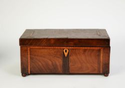 GEORGIAN LINE INLAID AND FIGURED MAHOGANY LARGE TEA CADDY, of oblong form with crossbanded top and