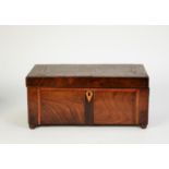 GEORGIAN LINE INLAID AND FIGURED MAHOGANY LARGE TEA CADDY, of oblong form with crossbanded top and