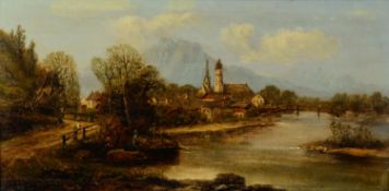 C VICCINO PAIR OF OIL PAINTINGS ON PANELS Continental landscape with river, bridge and town, man