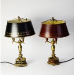 REPRODUCTION FRENCH EMPIRE STYLE PAIR OF TOLE AND BRASS THREE LIGHT BOUILOTTE TABLE LAMPS WITH