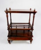 VICTORIAN FIGURED WALNUT TWO TIER MUSIC CANTERBURY WHAT NOT, the chamfered oblong top with turned