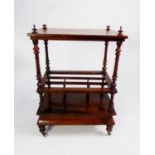 VICTORIAN FIGURED WALNUT TWO TIER MUSIC CANTERBURY WHAT NOT, the chamfered oblong top with turned