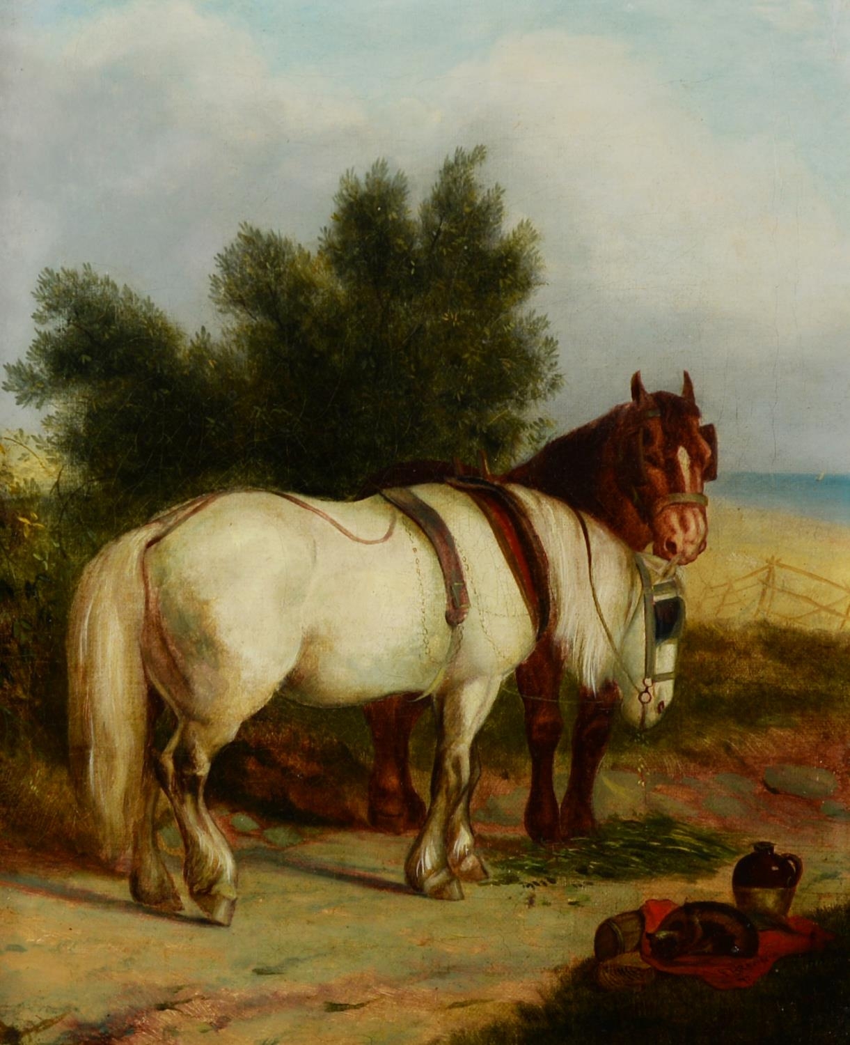 F. BROWN (NINETEENTH CENTURY) OIL PAINTING ON RELINED CANVAS Two farm horses in a landscape Signed