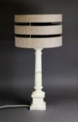 MODERN WHITE VEINED MARBLE TABLE LAMP, of fluted column form with square pedestal base and brown