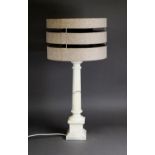 MODERN WHITE VEINED MARBLE TABLE LAMP, of fluted column form with square pedestal base and brown