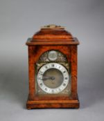 ELLIS, MID TWENTIETH CENTURY GEORGIAN STYLE BURR WALNUT PRESENTATION MANTLE CLOCK, the 4? dial