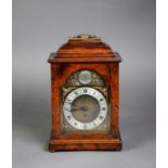 ELLIS, MID TWENTIETH CENTURY GEORGIAN STYLE BURR WALNUT PRESENTATION MANTLE CLOCK, the 4? dial