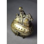 LATE 19th CENTURY CHINESE CAST BRONZE INCENSE BURNER, the hinged upper half of the pierced ovoid/egg