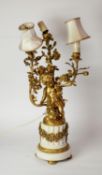 FRENCH STYLE ORMOLU MOUNTED WHITE VEINED MARBLE FIGURAL THREE BRANCH TABLE LAMP, SIGNED CLODION,