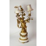 FRENCH STYLE ORMOLU MOUNTED WHITE VEINED MARBLE FIGURAL THREE BRANCH TABLE LAMP, SIGNED CLODION,