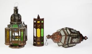 MODERN MIDDLE EASTERN PIERCED METAL GREEN AND PLAIN GLASS PANELLED PENDANT CANDLE LANTERN, of square