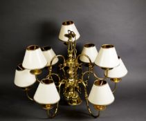LATE 20th CENTURY DUTCH STYLE TWO TIER NINE LIGHT ELECTROLIER, with S scroll branches from central