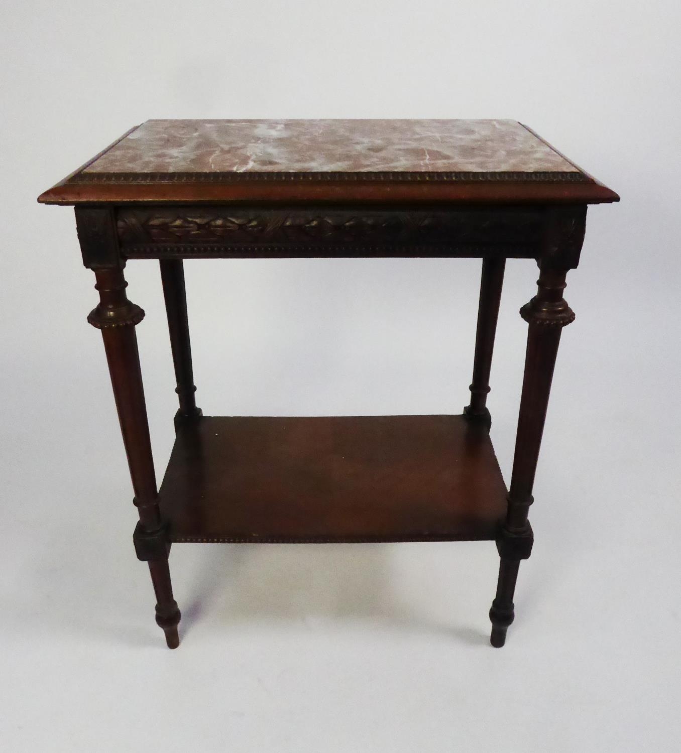 MID TWENTIETH CENTURY FRENCH CARVED WALNUT OCCASIONAL TABLE WITH ROUGE VEINED MARBLE TOP, the