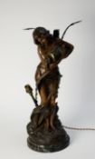 AFTER LUCA MADRASSI ?JOUVENA? ART NOUVEAU PATINATED SPELTER FIGURAL TWO-LIGHT TABLE LAMP, modelled