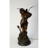 AFTER LUCA MADRASSI ?JOUVENA? ART NOUVEAU PATINATED SPELTER FIGURAL TWO-LIGHT TABLE LAMP, modelled