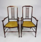 PAIR OF LINE INLAID MAHOGANY STAINED BEECH DRAWING ROOM OPEN ARMCHAIRS, each with pierced splat