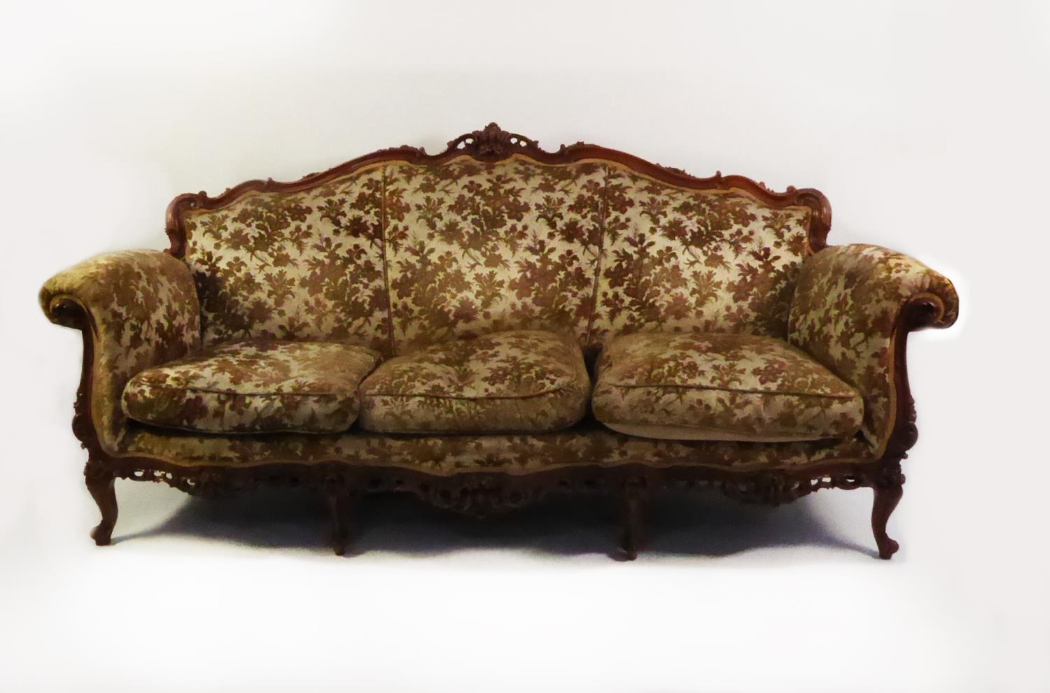 LOUIS XV STYLE LOUNGE SUITE OF THREE PIECES with rococo carved show wood frames, comprising a