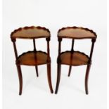 REPRODUX, PAIR OF MODERN REGENCY STYLE TWO TIER DEMI-LUNE WHAT NOTS, each with wavy galleries,