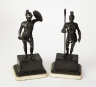 PAIR OF EARLY 20th CENTURY BRONZED METAL FIGURES OF ROMAN WARRIORS, with ferrous metal shields,