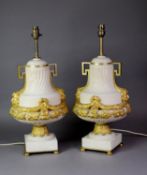 PAIR OF ORMOLU MOUNTED HEAVY WHITE VEINED MARBLE TABLE LAMPS, each of part wrythern fluted two