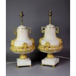 PAIR OF ORMOLU MOUNTED HEAVY WHITE VEINED MARBLE TABLE LAMPS, each of part wrythern fluted two