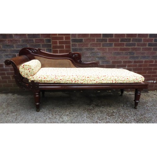 NINETEENTH CENTURY CARVED MAHOGANY AND CANED CHAISE LONGUE, of typical form with carved scroll end. - Image 2 of 2