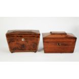 GEORGIAN LINE INLAID YEW WOOD TEA CADDY, of sarcophagus form with turned feet, lacks interior,