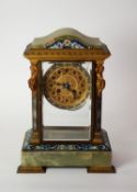EARLY TWENTIETH CENTURY FRENCH CHAMPLEVÉ AND GREEN ONYX MANTLE CLOCK, the 5? Arabic dial powered