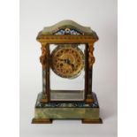 EARLY TWENTIETH CENTURY FRENCH CHAMPLEVÉ AND GREEN ONYX MANTLE CLOCK, the 5? Arabic dial powered