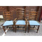 SET OF 6 GOOD QUALITY ELM LADDERBACK DINING CHAIRS WITH RUSH SEATS