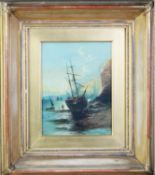 F.H. (BRITISH 19th CENTURY) OIL PAINTING ON CANVAS A coastal scene with a beached masted sailing