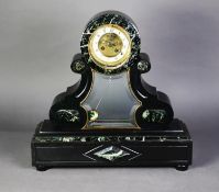 VICTORIAN PORTICO STYLE BLACK SLATE LARGE MANTLE CLOCK WITH GREEN VEINED MARBLE TRIM, the 4?