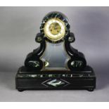 VICTORIAN PORTICO STYLE BLACK SLATE LARGE MANTLE CLOCK WITH GREEN VEINED MARBLE TRIM, the 4?