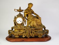 LARGE 19th CENTURY FRENCH GILDED SPELTER MANTEL CLOCK, to the left a drum movement with white enamel