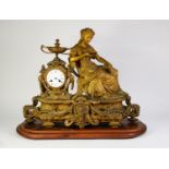 LARGE 19th CENTURY FRENCH GILDED SPELTER MANTEL CLOCK, to the left a drum movement with white enamel