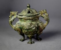 CHINESE 20th CENTURY CAST BRONZE KORO SHAPED INCENSE BURNER AND COVER, having scrolled dragon