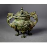 CHINESE 20th CENTURY CAST BRONZE KORO SHAPED INCENSE BURNER AND COVER, having scrolled dragon