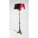 REPRODUCTION FRENCH EMPIRE STYLE TOLE AND BRASS FOUR LIGHT BOUILOTTE STANDARD LAMP, column decorated