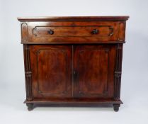 WILLIAM IV CARVED AND FIGURED MAHOGANY CHIFFONIER, the oblong top above a deep drawer with moulded