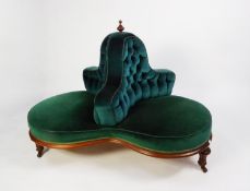 VICTORIAN WALNUT TREFOIL CONVERSATION OR LOVE SEAT, each of the fully upholstered three segmented