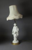 GILT METAL AND PARIAN FIGURAL TABLE LAMP, female figure emblematic of plenty and holding a sheaf