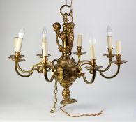 TWENTIETH CENTURY EIGHT LIGHT GILT METAL ELECTROLIER, the upper section cast with three cherub