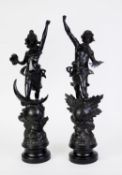 PAIR EARLY 20th CENTURY BLACK METALLIC FINISH SPELTER MALE & FEMALE FIGURES, allegorical of day