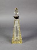 EDWARDIAN CUT GLASS TALL, TAPERING SQUARE SECTION PERFUME BOTTLE, with silver lip and facet cut