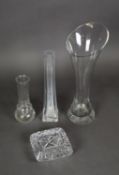 HEAVY CUT GLASS SQUARE ASHTRAY, together with THREE MODERN GLASS VASES, 14? (35.6cm) high and