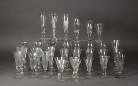 THIRTY THUMB CUT STEM WINE GLASSES with slender trumpet bowls, various pattern and sizes