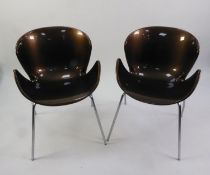 SET OF FOUR MODERNIST DINING CHAIRS, with purple moulded plastic tub shaped backs, seats and arms,