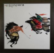 20TH CENTURY CHINESE BLACK INK AND COLOUR WASH DRAWING OF THREE FIGURES ON HORSEBACK PLAYING POLO,
