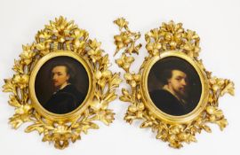 PAIR OF LATE 19TH CENTURY OVAL OIL PAINTINGS ON BOARD After self-portraits by Rubens and Van Dyke